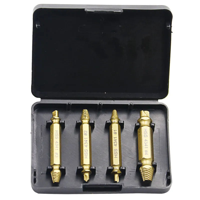 Screw extractor set with 4341 high-speed steel construction for removing damaged fasteners