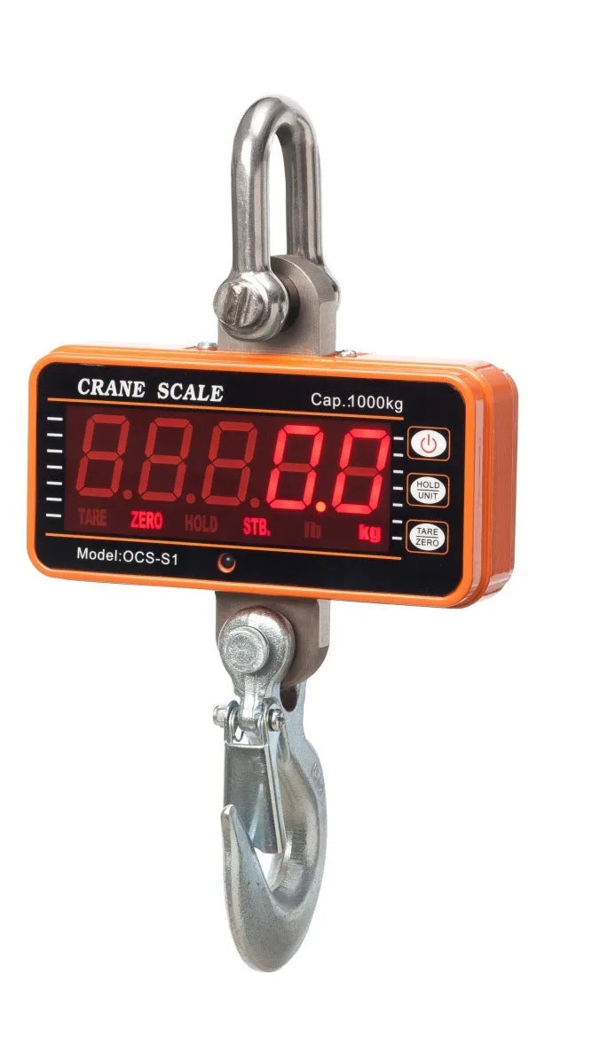 Orange electronic crane scale with digital display showing weight measurement for logistics applications
