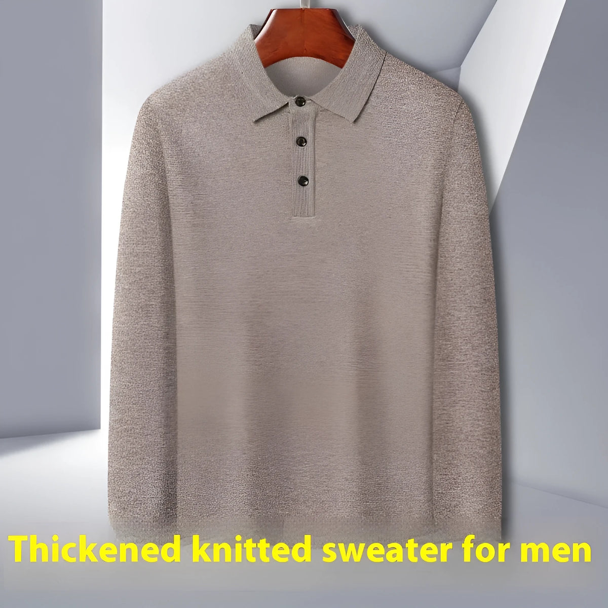Thickened polo collar knitwear sweater in loose pullover style, blended polyester, shown for middle-aged and elderly leisure wear.