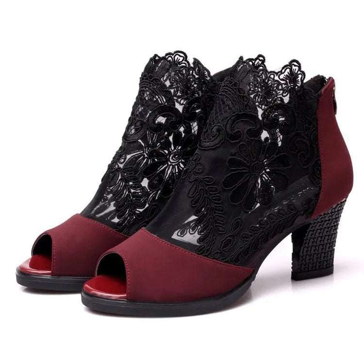 Lucyever women's gladiator sandals with square heel, lace upper, flower pattern, and zip closure in black colour