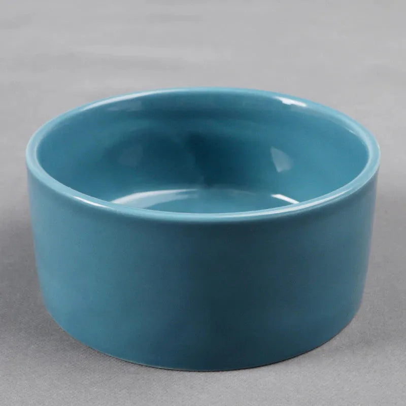 Ceramic cat and dog food bowl with bamboo wood frame, 15.5cm diameter, monochrome pet dish