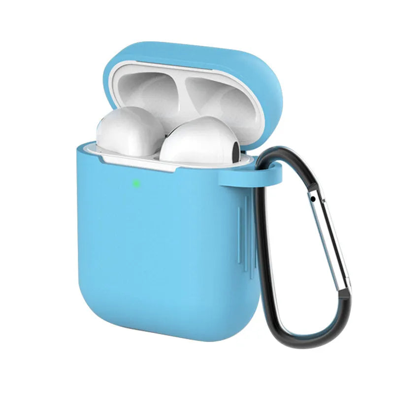 Liquid silicone AirPods covers in multiple colours showing clamshell design protecting Apple wireless earbuds