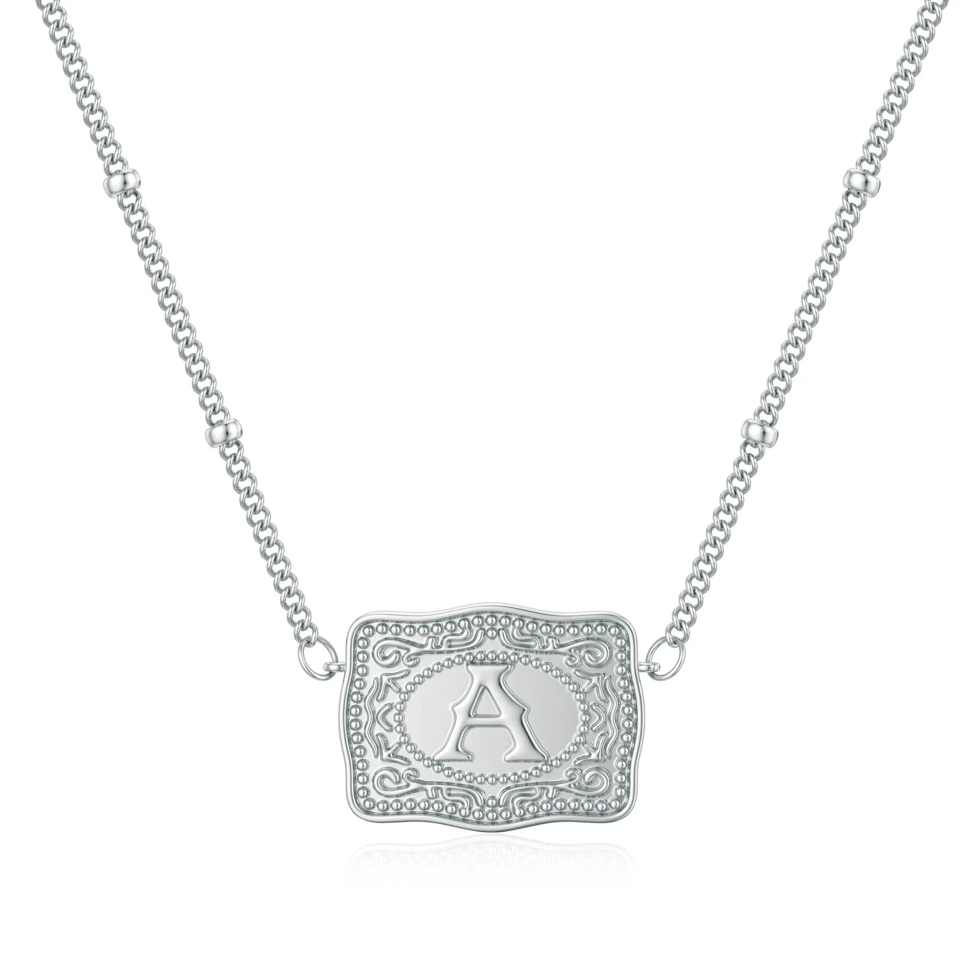 Copper electroplated initial letter necklace on a chain, available in gold and white gold colours.