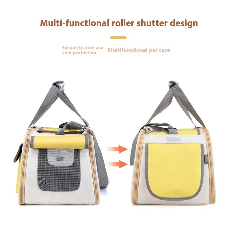 Foldable canvas pet carrier backpack shown in yellow colour with a single shoulder strap.