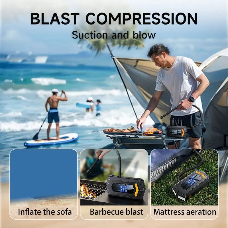 Portable car jump starter and tyre inflator with smart battery clips and EVA bag, 10000mAh or 12000mAh, PC ABS body.