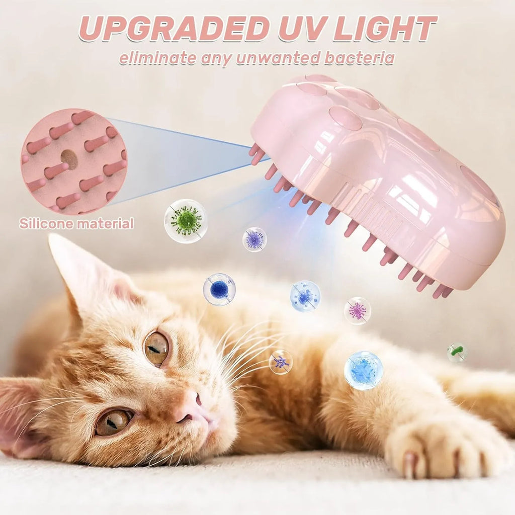 Blue self-cleaning cat steam brush with silicone heads and release button for pet grooming