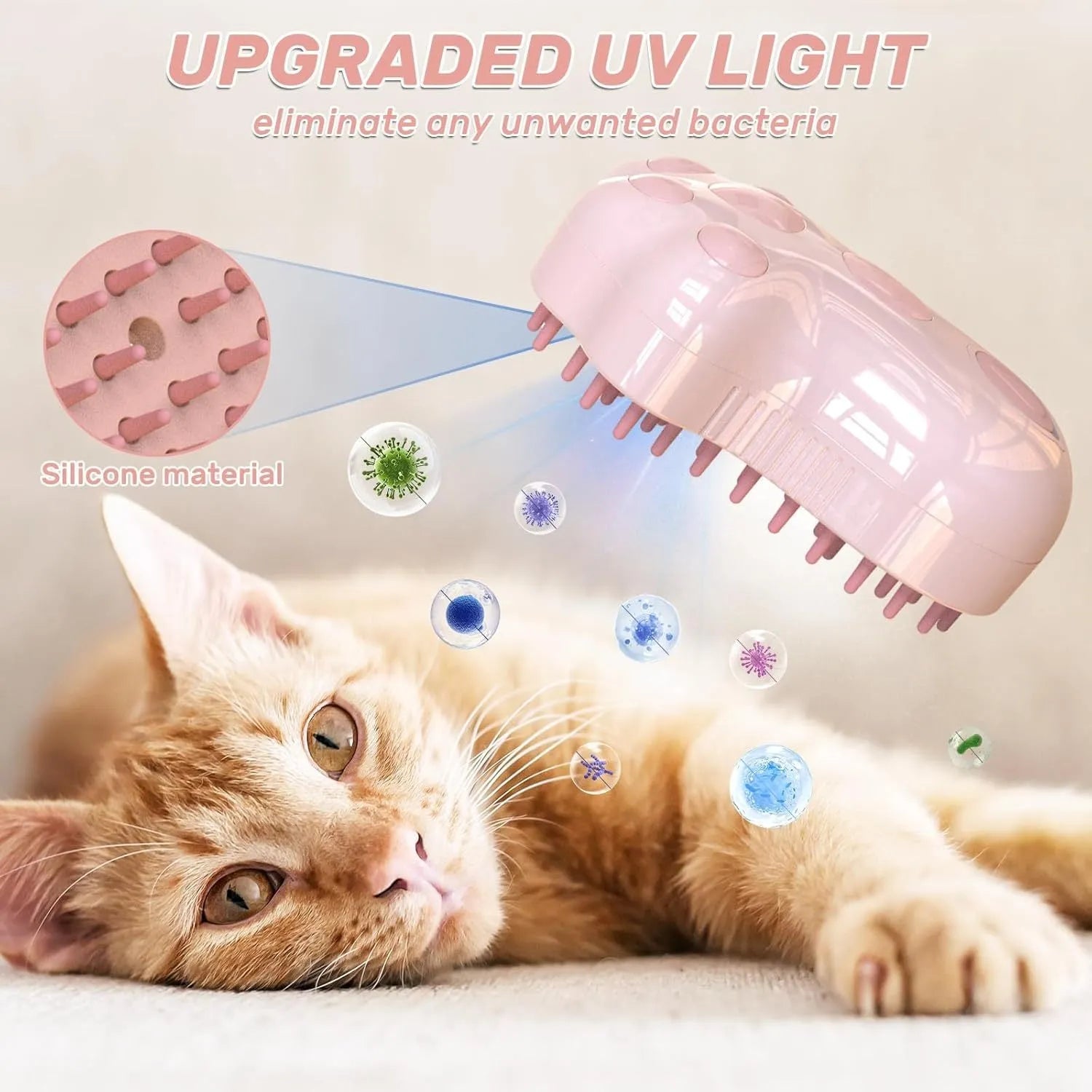 Blue self-cleaning cat steam brush with silicone heads and release button for pet grooming