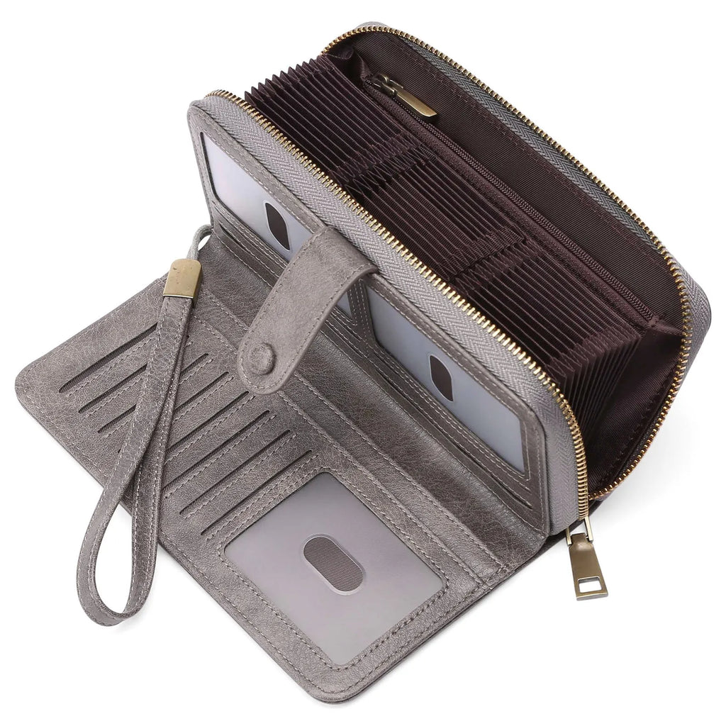 Women's expanding card holder wallet in light brown showing multiple card slots and passport sleeve