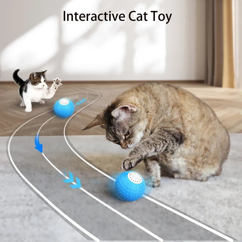 Remote-controlled cat toy ball measuring 8cm diameter with blue colour option and separate remote control unit