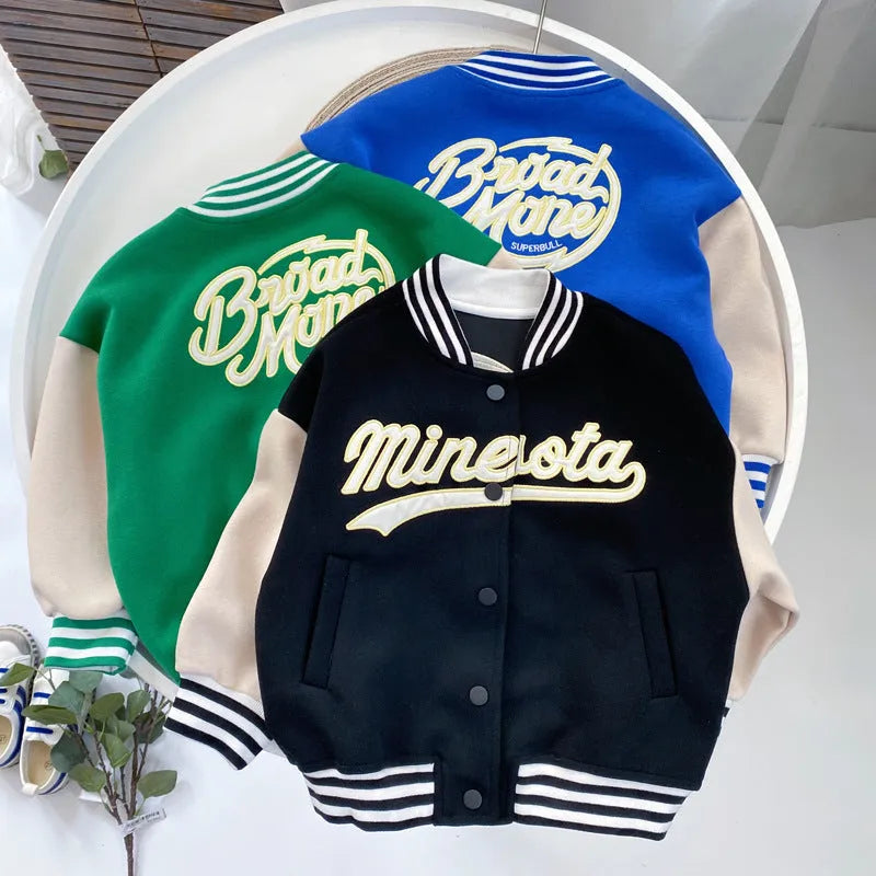 Boys cotton baseball jacket with stand-up collar in blue, black or green, sizes 100cm to 140cm