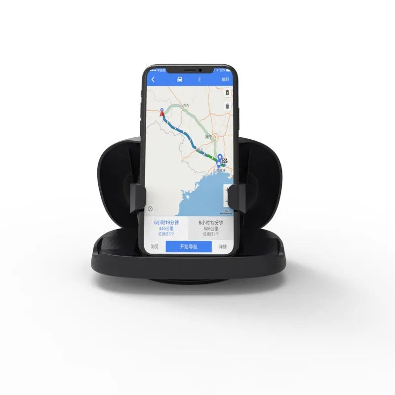 Black rotating suction cup car navigator bracket holding a smartphone on a car windscreen.