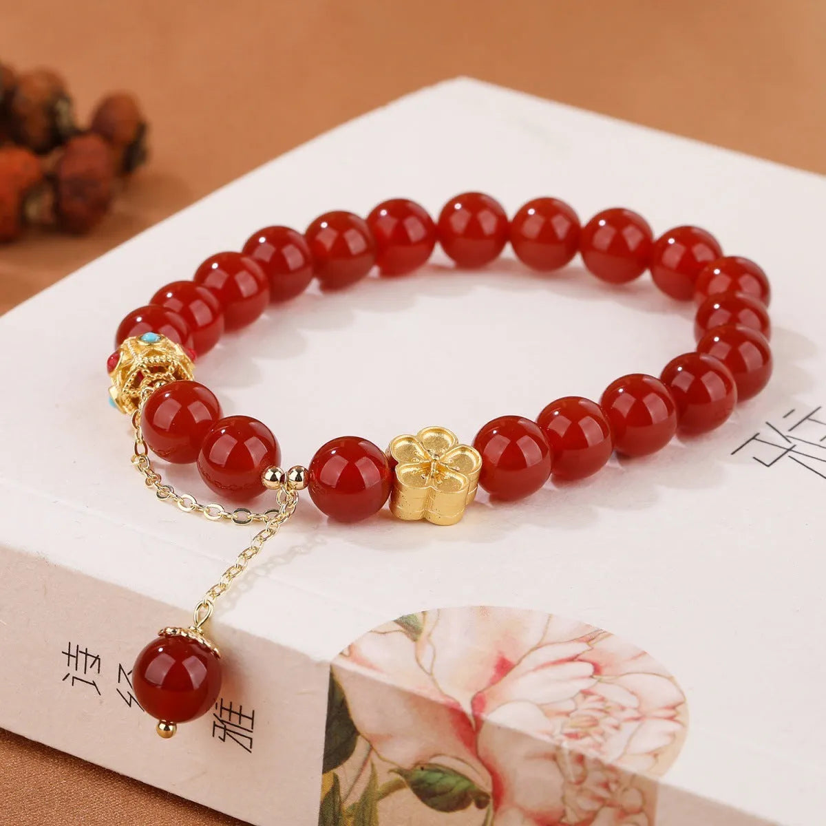 Handmade natural agate bracelet with peach blossom copper parts and 8mm beads