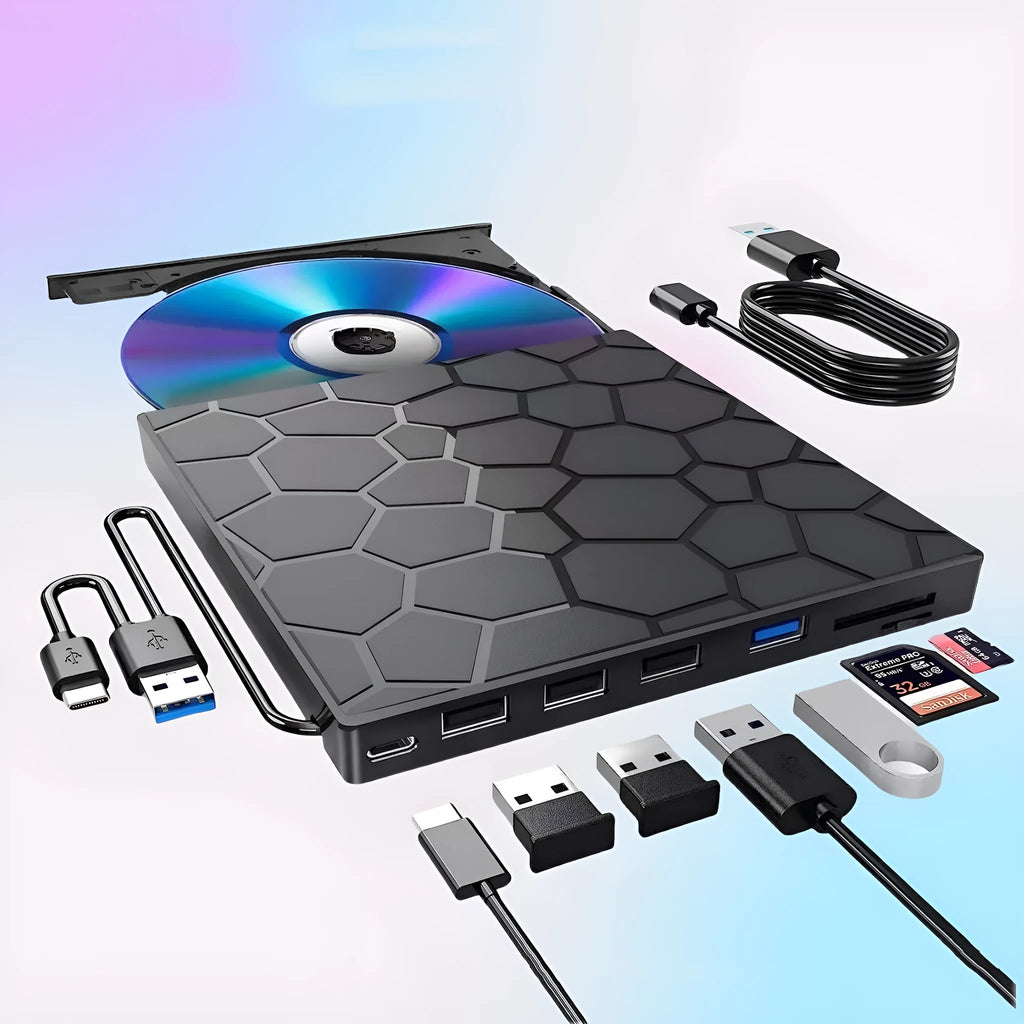 Black USB external CD drive with CD burner measuring 15.5cm by 14.5cm