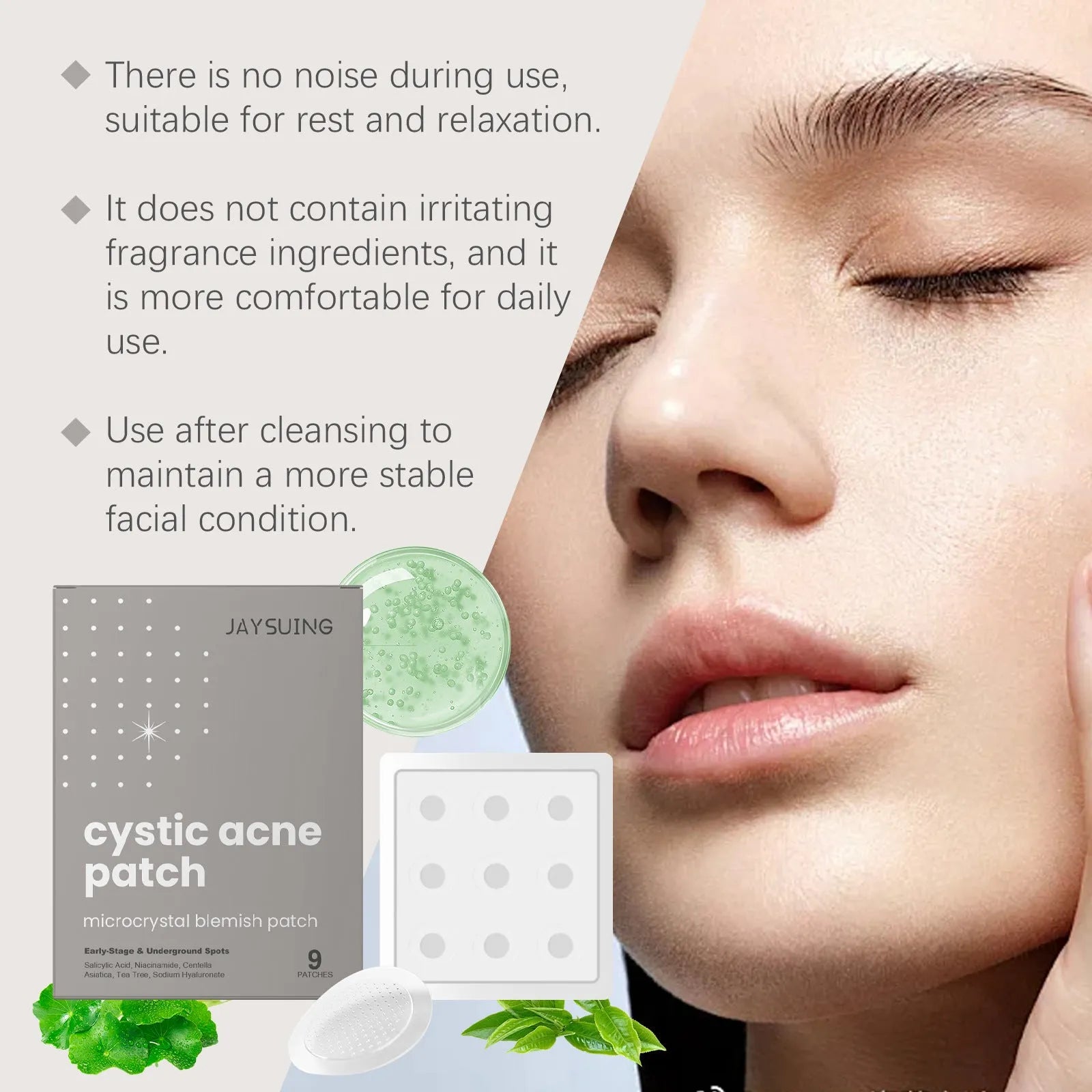 Pack of 9 acne treatment microneedle patches containing tea tree oil and Centella asiatica