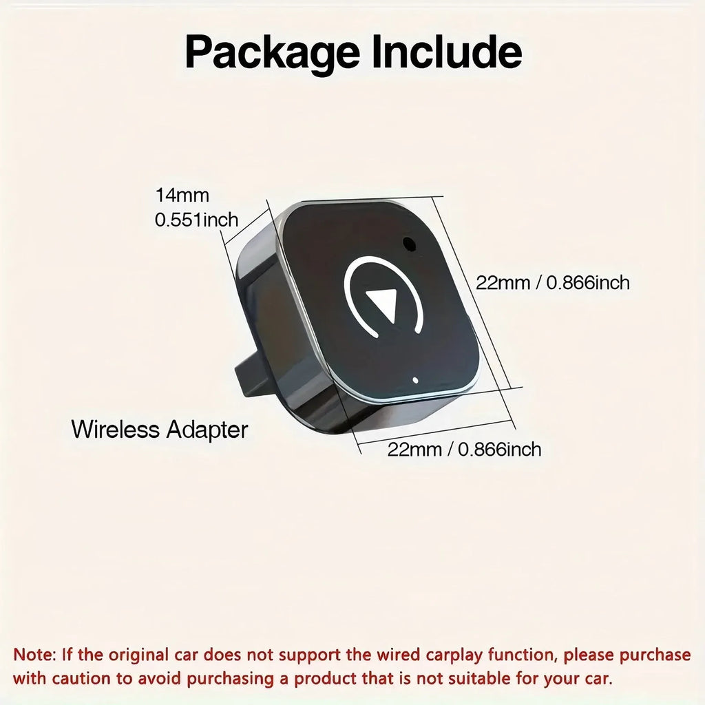 Black CarPlay wireless adapter box with USB connection for converting wired CarPlay systems