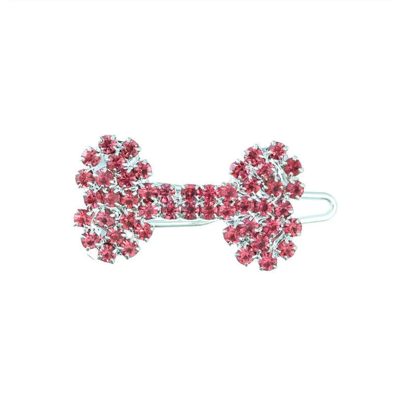 Diamond dog bone pet barrette in size S, shown in white, pink, blue and red for cats and dogs