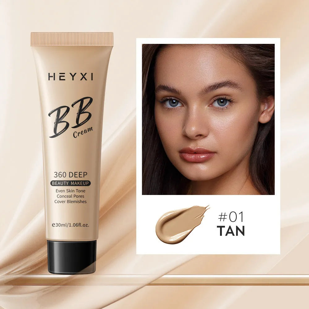 Waterproof BB cream in four shades (01, 02, 03, 04) with 12-hour wear for universal skin types