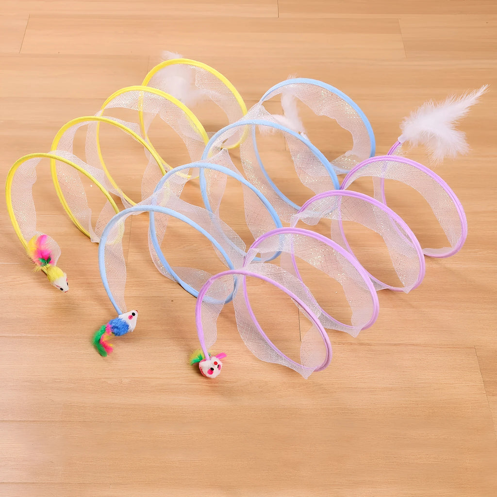S-type cat tunnel toy with steel wire frame and elastic net fabric featuring feather stimulation elements