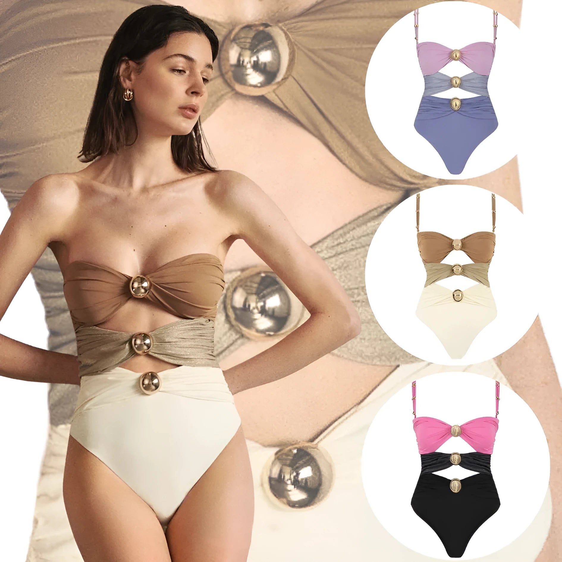 Women's green one-piece swimsuit with round buckle decoration and hollow-out stitching detail on front.