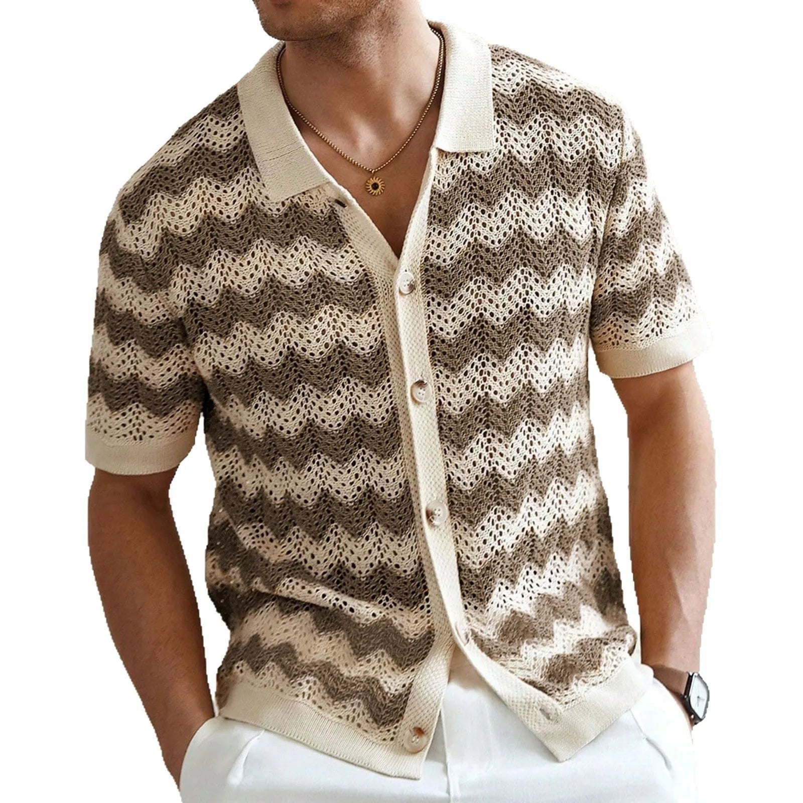 American-style hollow jacquard corrugated sweater with flocking detail in blue, showing short sleeves and textured fabric