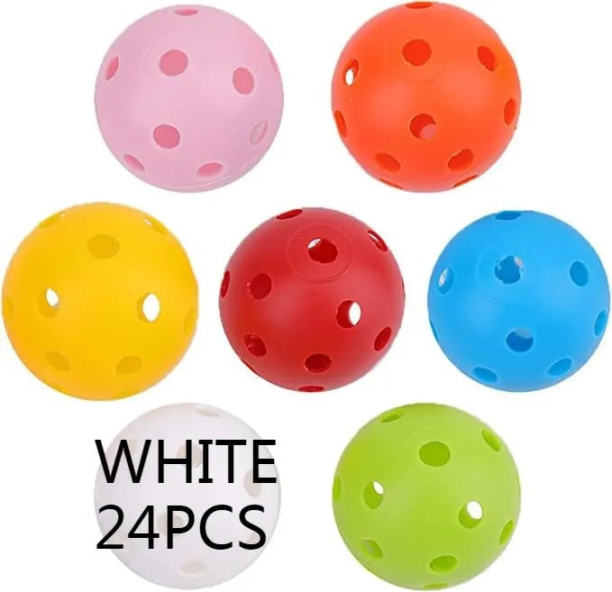 Six-colour golf practice balls in net pocket, each measuring 42mm diameter
