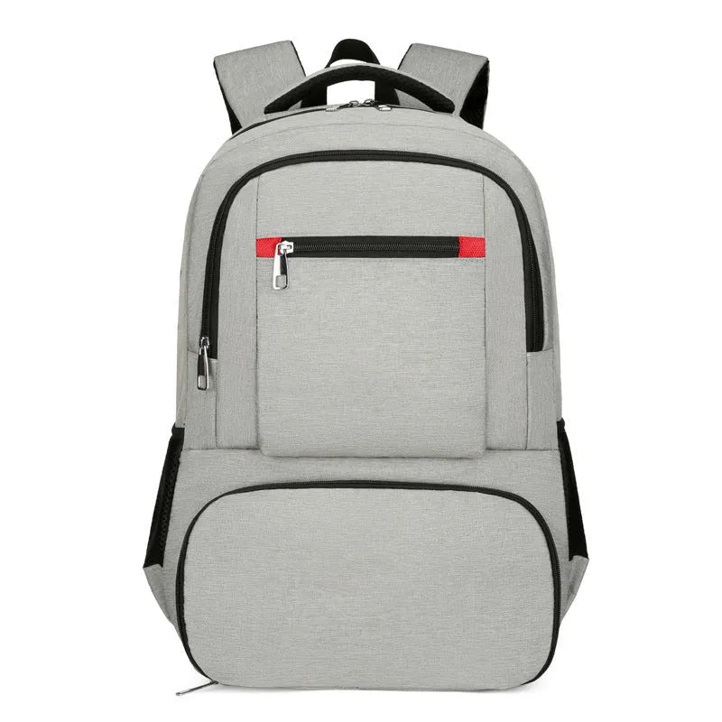 Light grey Oxford cloth backpack with curved shoulder straps showing sewing line details and dry-wet separation compartments
