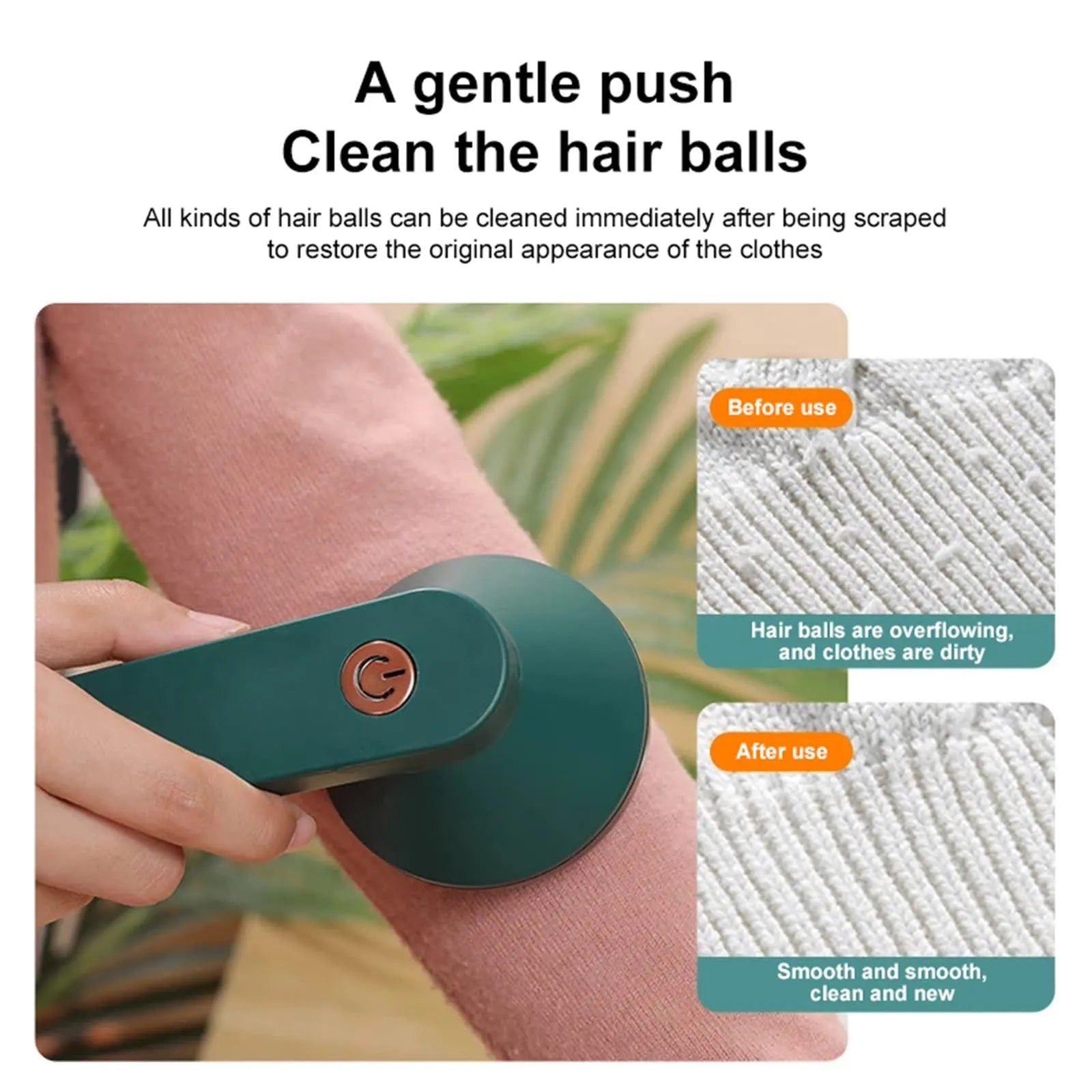 White USB rechargeable electric lint remover shaver with removable lint collector container on a sweater.