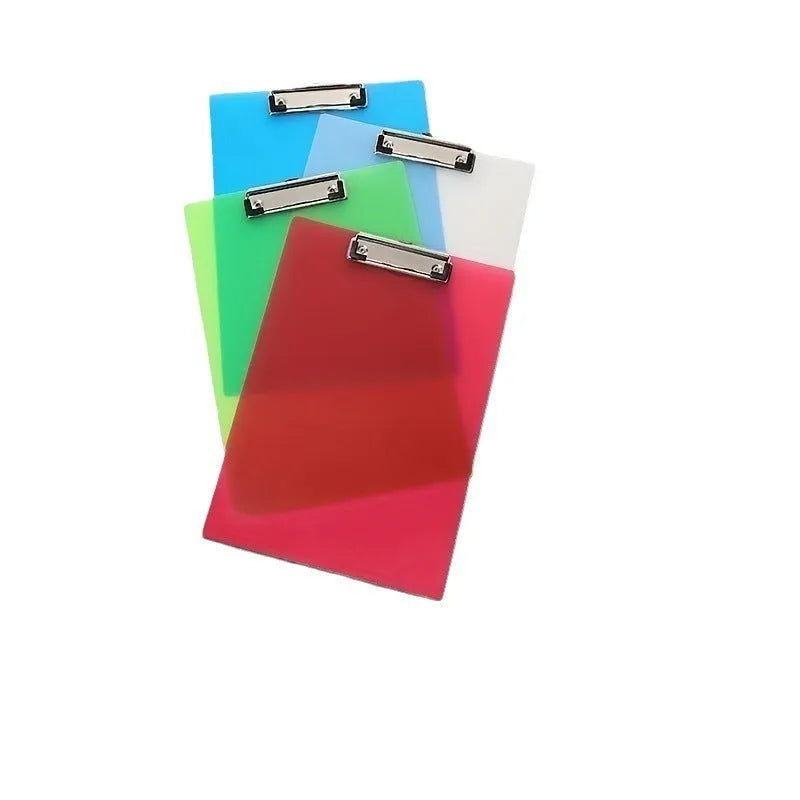 Clear A4 plate holder with metal clip and transparent writing pad in blue colour on a desk.