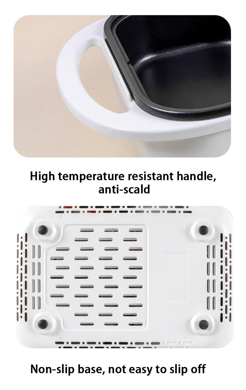White or green dual-use electric hot pot and frying oven with mechanical dial, dimensions 390mm x 220mm x 120mm.