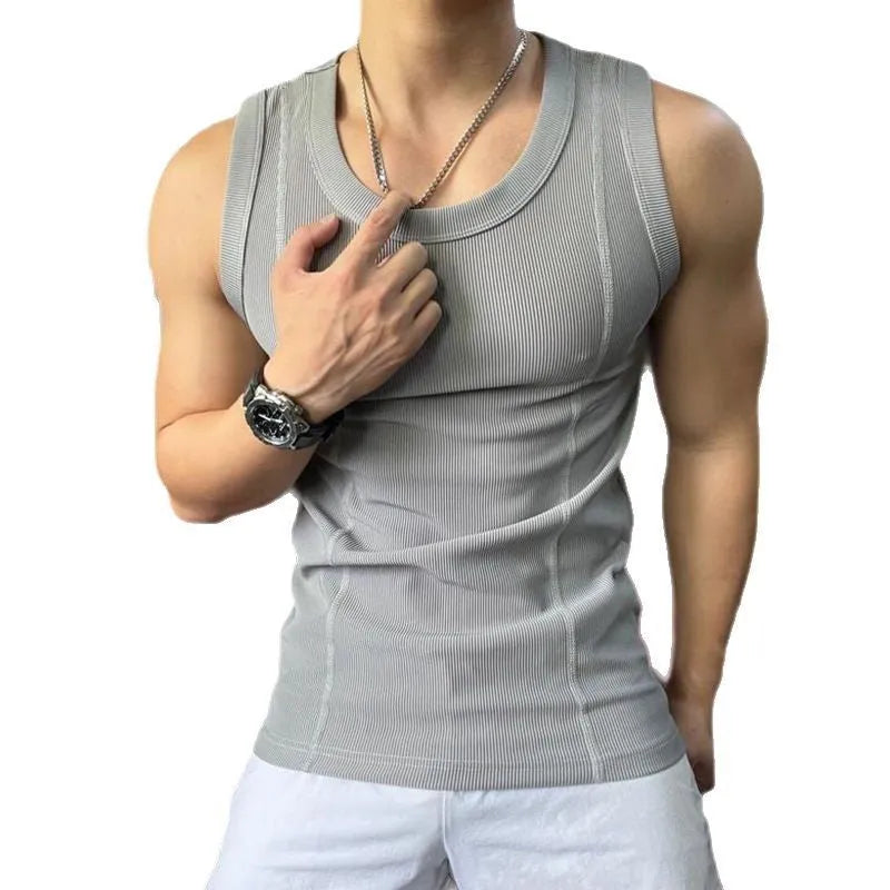 Men's thick combed cotton tank top in loose sports fit with round hem, white black grey, sizes M to XXXL
