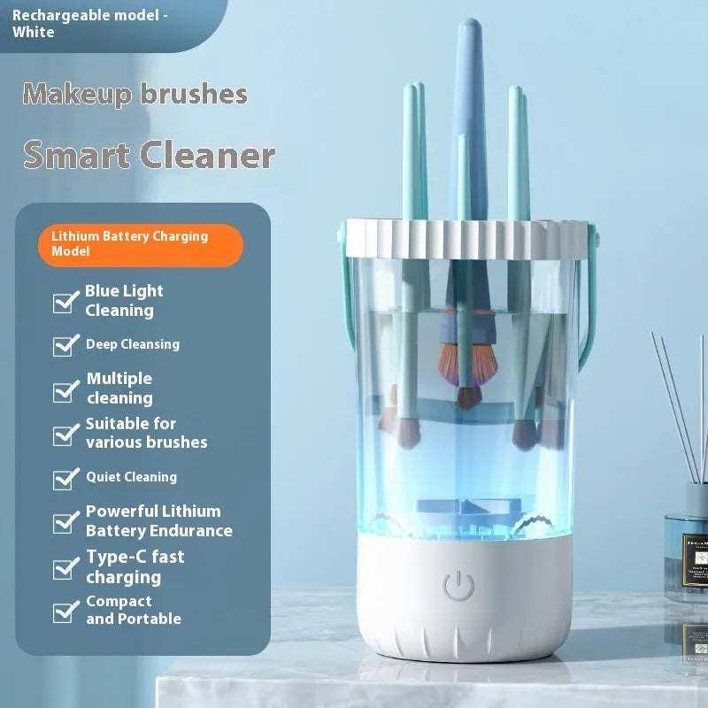White electric makeup brush cleaning device with rotating silicone heads, 24cm length, USB rechargeable battery