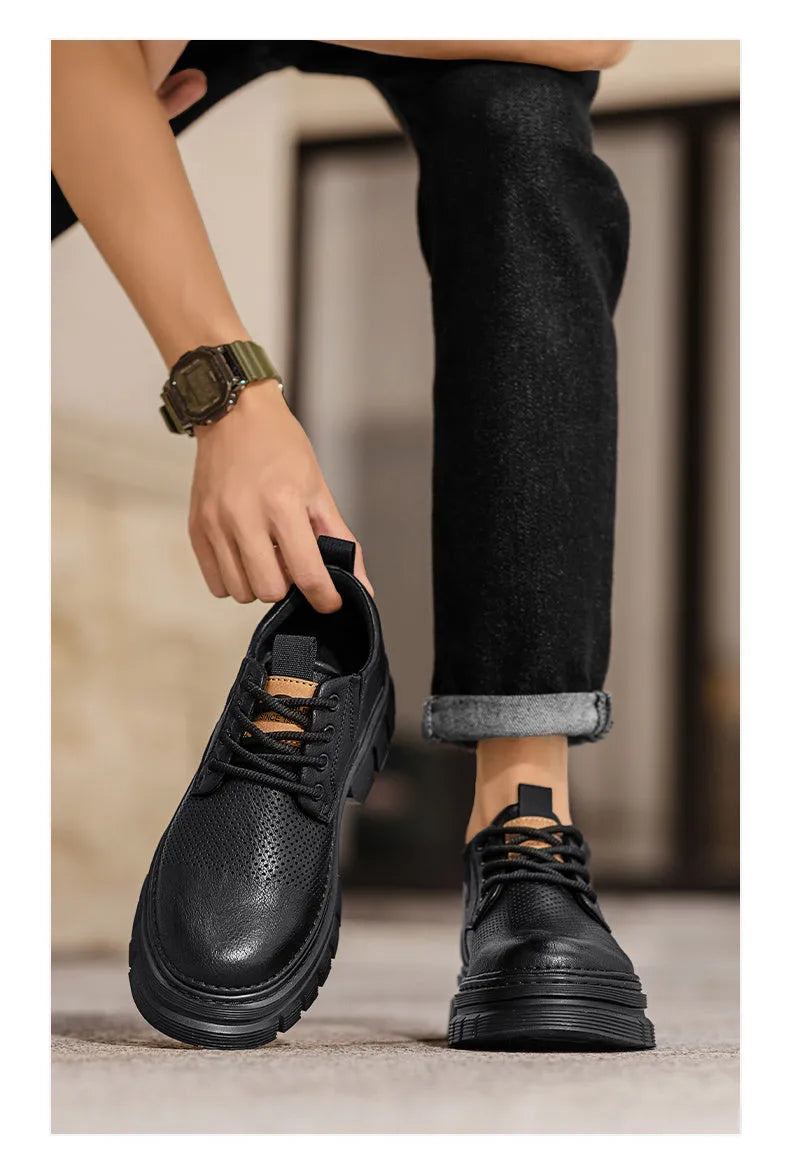 Men's black and brown genuine leather platform lace-up shoes with a low rubber sole.
