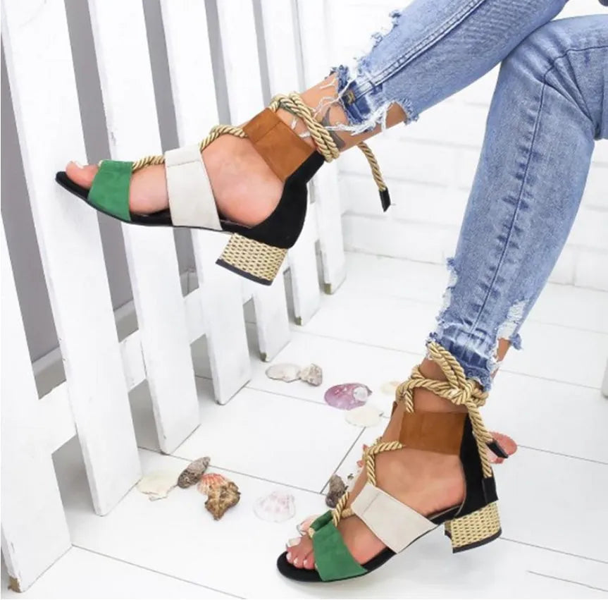 Women's round head fish mouth sandals with 3-5cm thick heel in suede, available in six colours