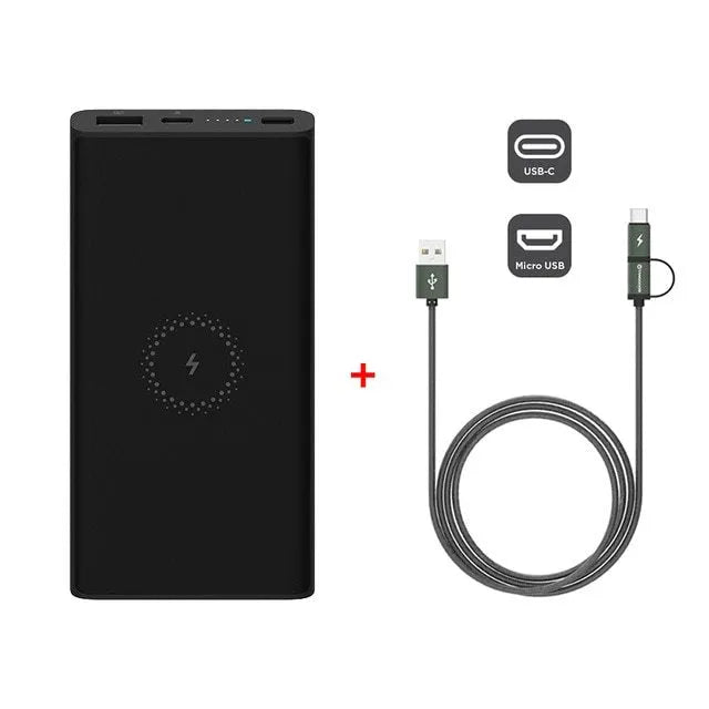 White or black 10000mAh power bank with USB Type-C port and wireless charging surface