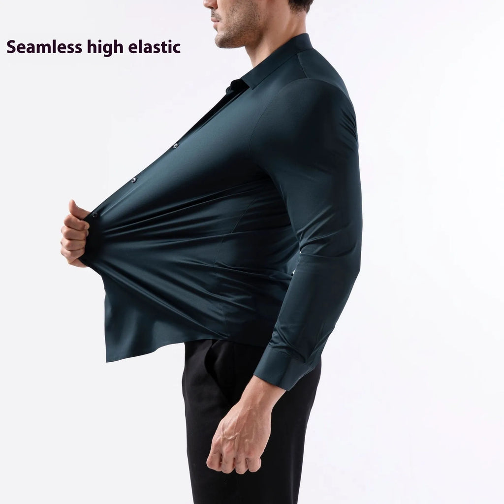 Seamless long sleeve anti-wrinkle shirt in elastic spandex fabric available in multiple colours