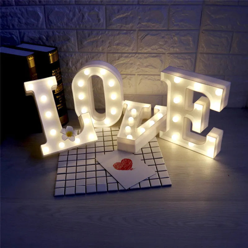 White LED letter marquee sign, 22cm high, warm white LEDs, plastic alphabet lamp for indoor party and home decor