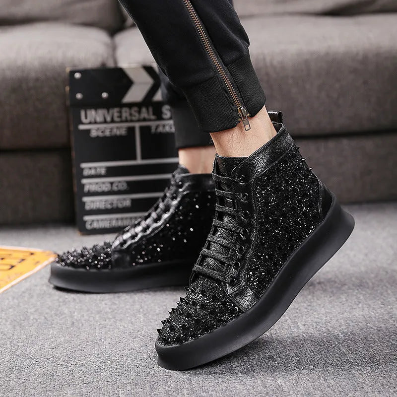 Men's cowhide leather Martin boots with round toe, mid heel 3-5cm, front tie, available in black, red, silver.