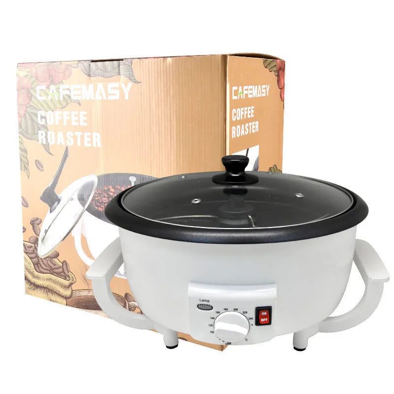 White oblate coffee roasting machine with 750g capacity and 225mm pot for home use