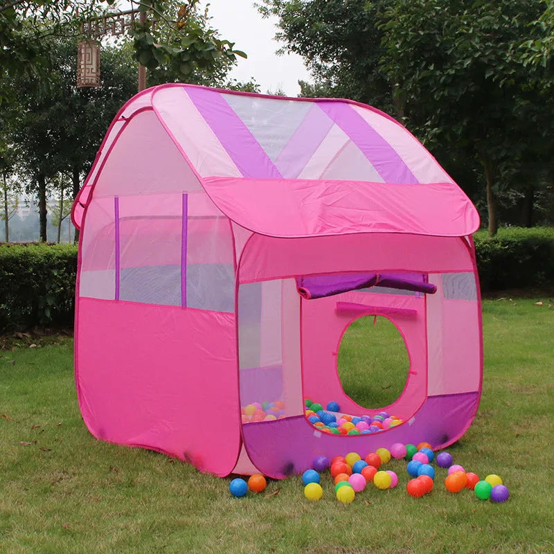 Large blue outdoor children's play tent with roll-up mesh curtain in garden setting