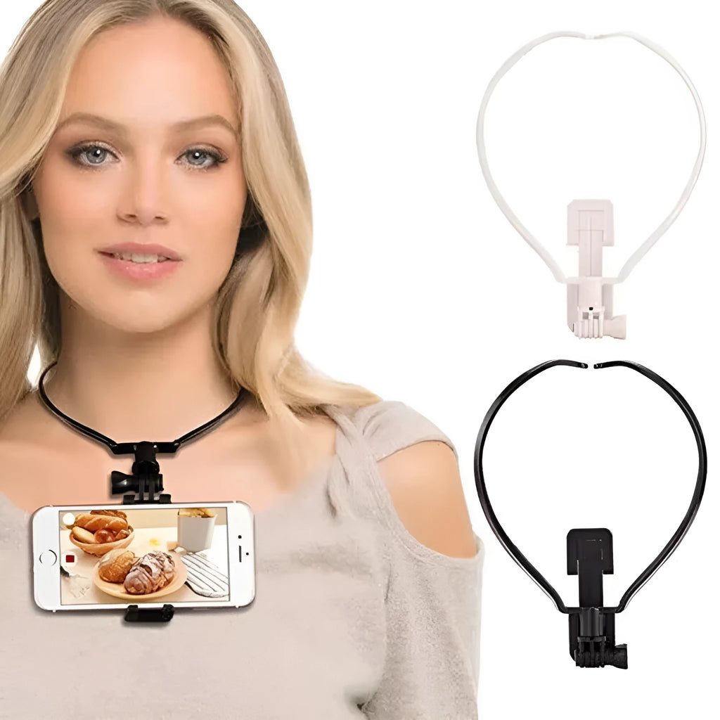 Black wearable neck phone holder with smartphone mounted, showing 180-degree adjustable angle for hands-free recording