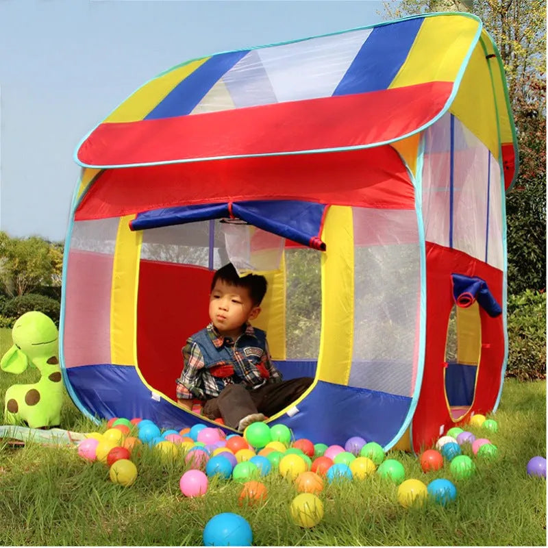 Large blue outdoor children's play tent with roll-up mesh curtain in garden setting