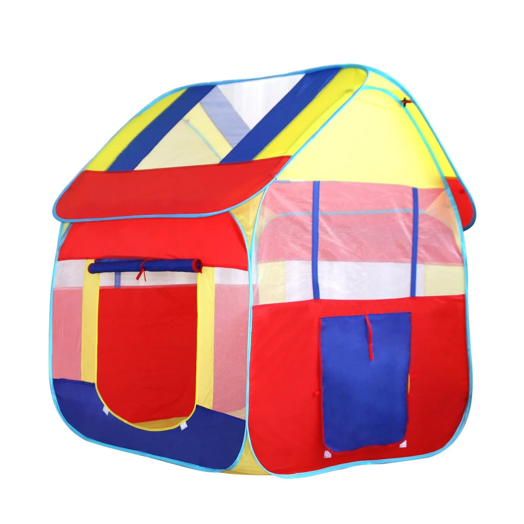 Large blue outdoor children's play tent with roll-up mesh curtain in garden setting