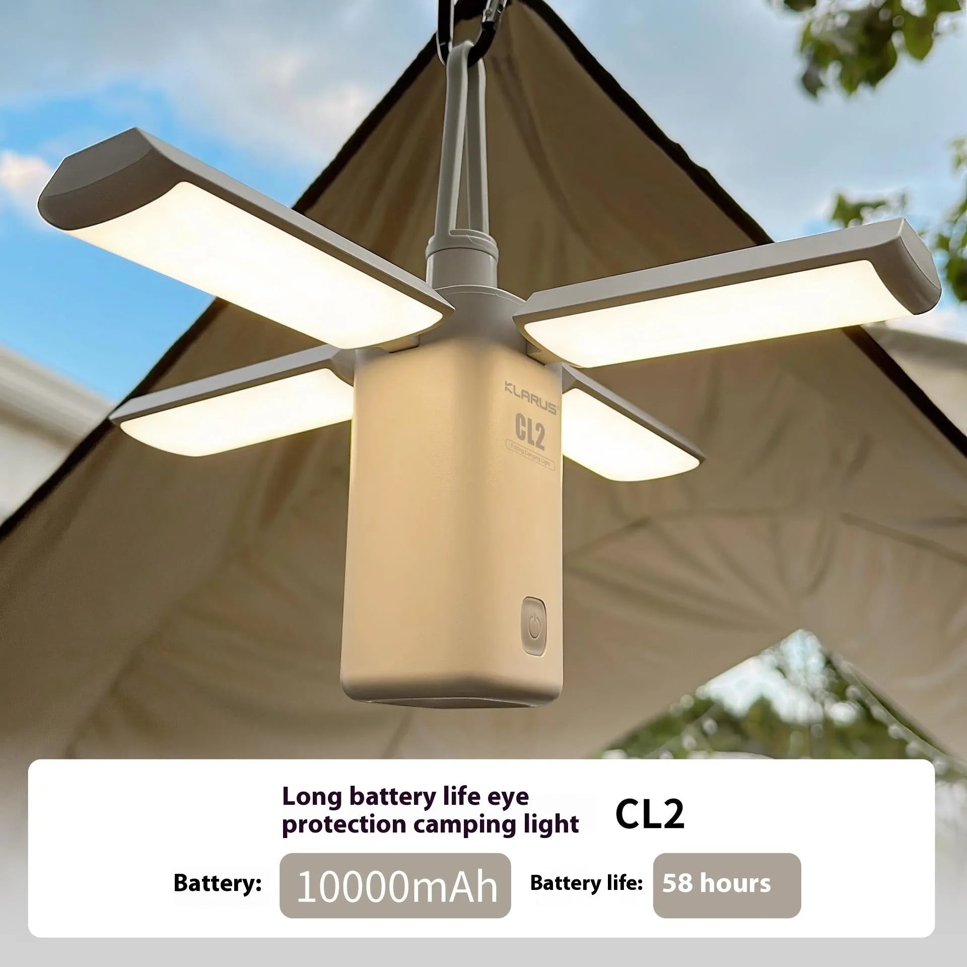 Green and white rechargeable campsite LED lamp with charging cable for outdoor camping use
