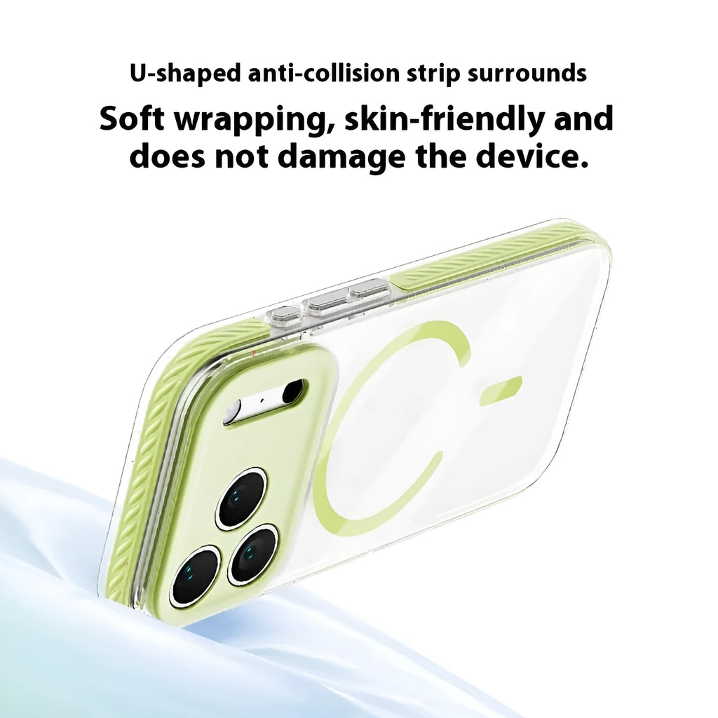 Magnetic transparent iPhone protective case in candy colours showing drop-resistant design