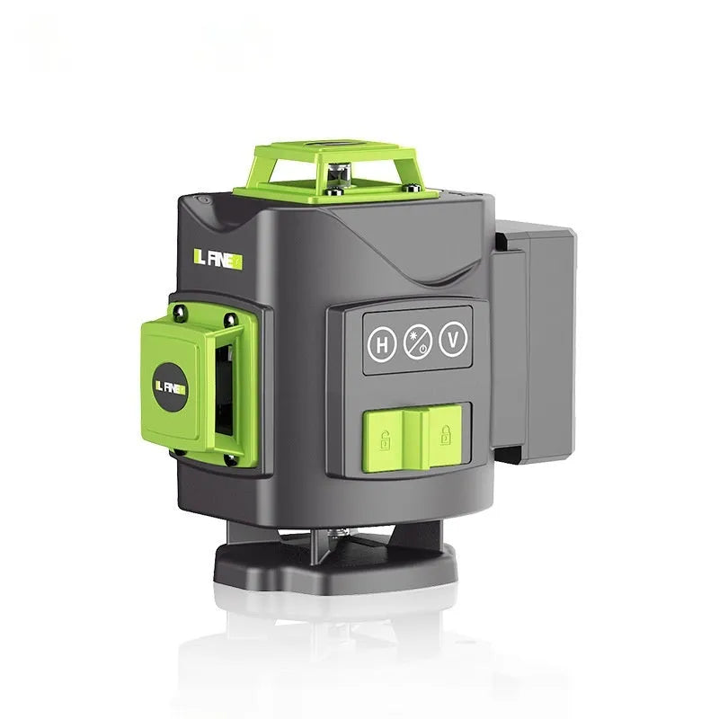 Green laser level projecting 16 lines on a wall, with 11cm x 13.5cm x 13.5cm size and 0.7kg weight for alignment tasks.