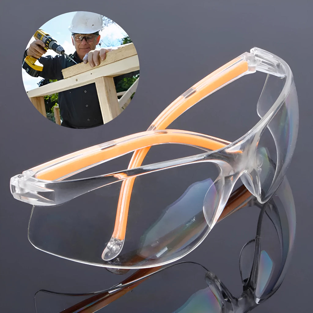 Transparent yellow safety goggles made of polycarbonate for eye protection.