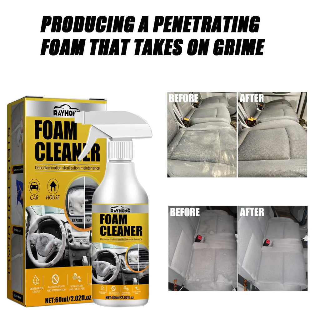 Car interior wash-free foamed cleaner with sponge applicator for fabric and upholstery cleaning