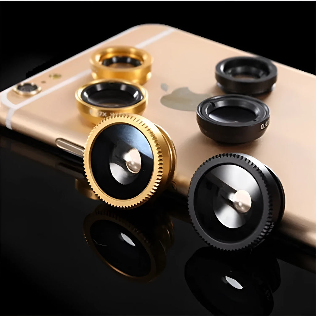 Three-in-one mobile phone lens kit showing fisheye, wide-angle, and macro clip-on attachments on a smartphone.