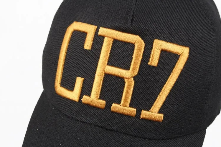 CR7 baseball cap in black with cotton satin weave, letter pattern, curled eaves and big brim.