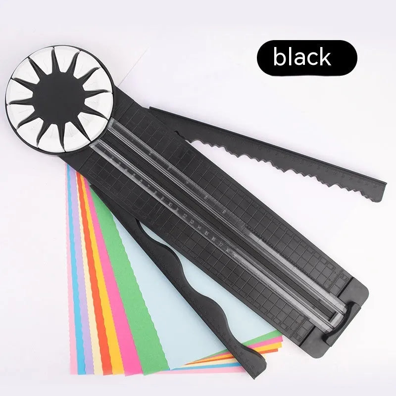 Pink and black 12-in-1 paper cutter with dotted plastic surface measuring 46.2cm